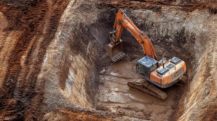 excavator working in a large excavation pit photo